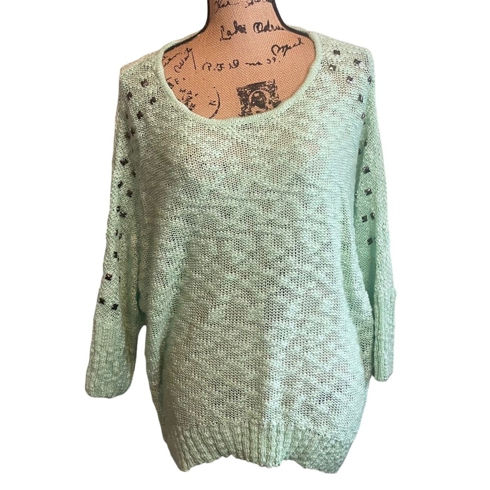 Vintage Y2K Twiggy London Womenโ Studded Open Knit Pullover Sweater Green Large